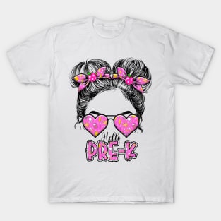 Kids Hello Pre-K Messy Bun Girls Preschool Back To School T-Shirt